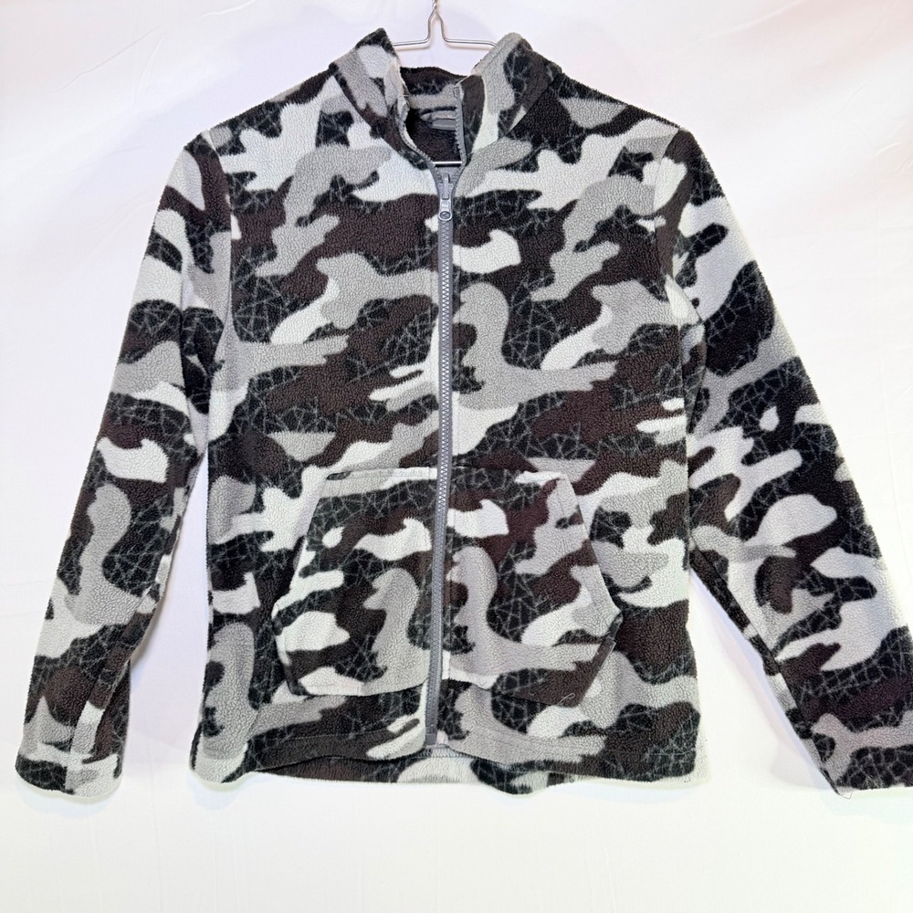 Eddie Bauer Kids M 10/12 Grey Camo Full Zip Fleece Jacket Mock Neck Camouflage‎